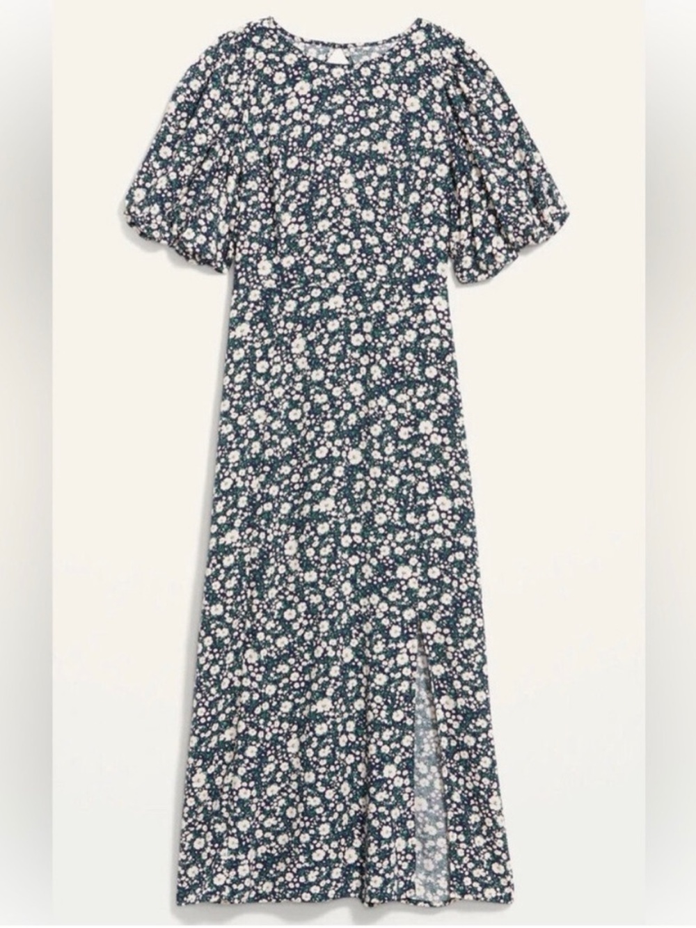 Old Navy Navy Floral Midi Poet Dress With Back Cut-Out, Puff Sleeves & Side Slit